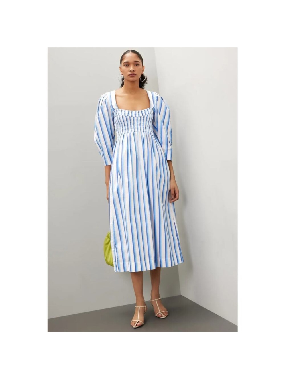 Ganni Blue Blue Striped Cotton Smock Long Dress Midi Size Small